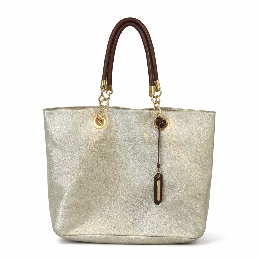 CYNTHIA ROWLEY Women's XL Gold Leather Chain & Brown Leather Handles Tote Bag